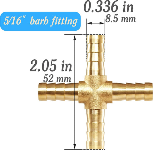 Brass Hose Barb 4 way Fitting 5/16" (8mm) Barb Splicer Mender with Stainless Steel Pipe Clamps air hose repair kit for Pipe Line/Fuel/Air (4-way, ...