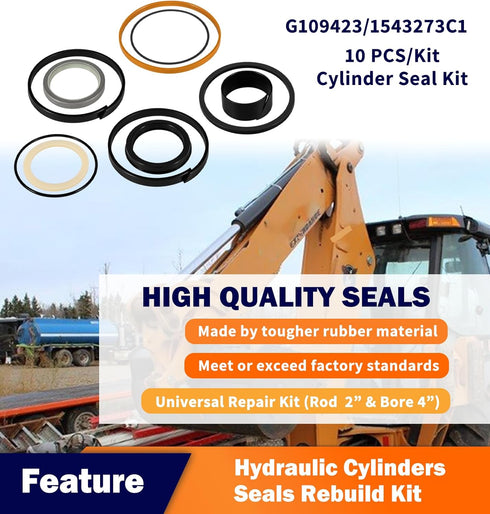 1543273C1/G109423 Hydraulic Cylinders Seal Kit Fits for Case Backhoe Loader Cylinder Universal Repair Packings (Rod 2” & Bore 4”) 10 PCS/Kit...