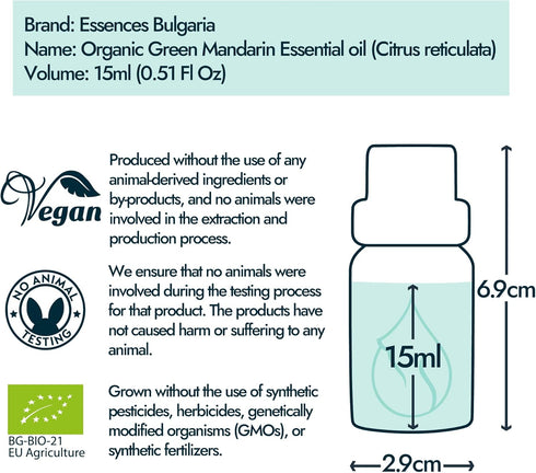 Essences Bulgaria Organic Green Mandarin Essential Oil 0.51 Fl Oz 15ml Citrus reticulata - 100% Pure and Natural Undiluted Therapeutic Grade Aroma...