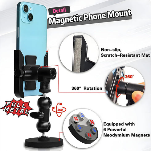 Metal Magnetic Phone Mount with Video Recording Stand, Gym Phone Holder,Attracts to Any Ferrous Metal Surface, Designed for Gym, Motorcycles Tank,...