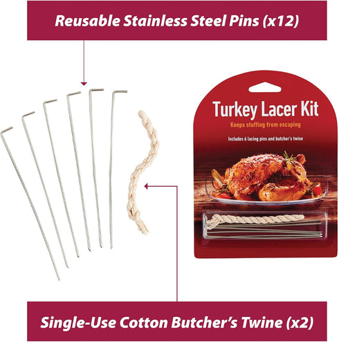 HIC Kitchen Roasting Holiday Turkey Lacer Kit, Cotton Butcher’s Twine with Reusable Stainless Steel Pins, Set of 2...