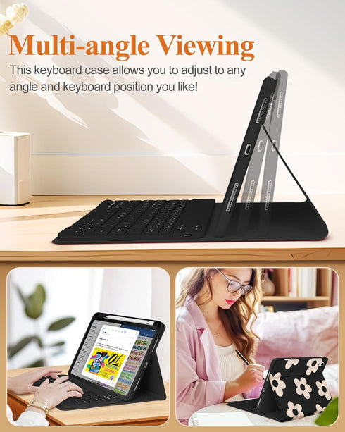 for iPad 10th Generation Case with Keyboard Pencil Holder 10.9 Inch Folio Tablet Cover Women Girls Cute Girly Teens Kawaii Black Flower Unique Des...