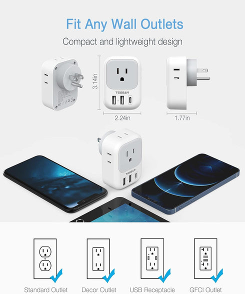USB Wall Charger, Wall Plug Adapter Outlet Extender, TESSAN 3 Charger Block (1 USB C Port), Multi Charging Station for Cruise, Bathroom, Office, D...