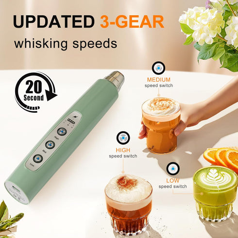 YUSWKO Granite Green Handheld Milk Frother Wand for Coffee, Rechargeable Electric Whisk with 3 Heads 3 Speeds Drink Mixer Coffee Frother For Latte...