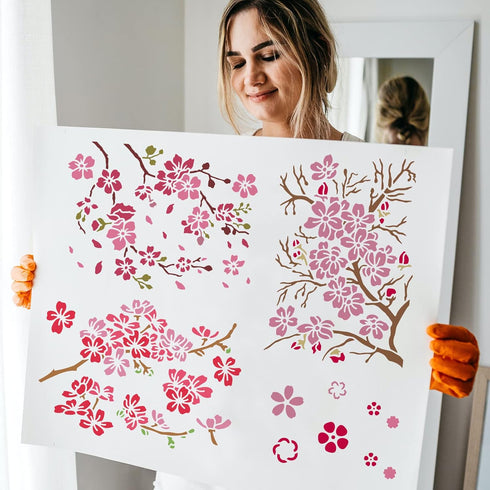 FINGERINSPIRE 4 Pcs Cherry Blossoms Stencils 11.7x8.3 inch Cherry Blossom Branch Stencils Plastic Floral Flower Pattern Stencils Sets DIY Home Dec...