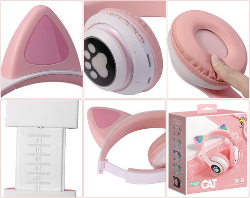 Kids Wireless Headphones Cat Ear LED Light Up Bluetooth Foldable Headphones Over Ear w/Microphone for Online Distant Learning (Pink)......