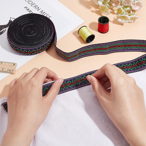 BENECREAT 5 Yards Elastic Woven Jacquard Ribbon, Floral Pattern Boho Jacquard Elastic Band 1" Ethnic Ribbon Sewing Embroidered Woven Ribbon for DI...