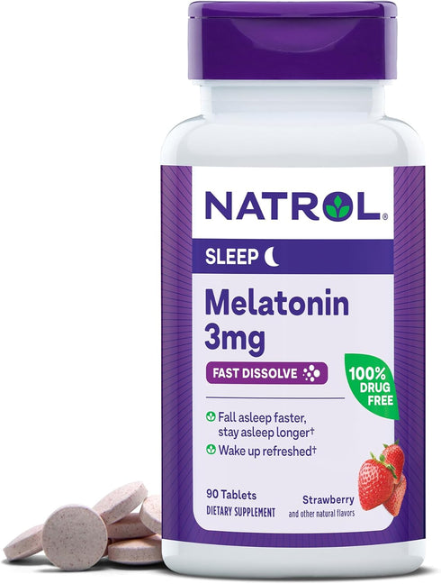 Natrol Melatonin 3mg, Strawberry-Flavored Dietary Supplement for Restful Sleep, 90 Fast-Dissolve Tablets, 90 Day Supply...