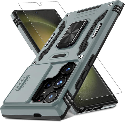 DEERLAMN for Samsung Galaxy S24 Ultra Case with Slide Camera Cover+Screen Protector (1 Pack), Rotated Ring Kickstand Military Grade Shockproof Pro...