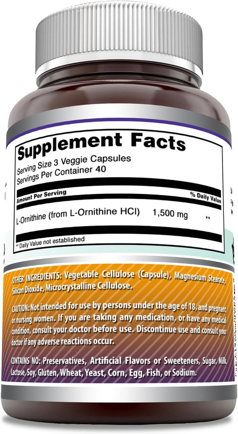 Amazing Formulas L-Ornithine 1500 Mg Per Serving Veggie Capsules Supplement | Non-GMO | Gluten Free | Made in USA (120 Count)...