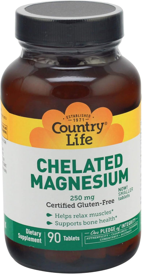 Country Life, Chelated Magnesium 250mg, Supports Bone and Immune Health, Daily Supplement, 90 ct...
