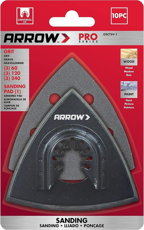 Arrow OSCTSV-1 Multipurpose Sanding Kit for Oscillating Tools for Wood and Metal, Universal, Fits Most Multitools, 10-Piece Set Includes Sanding P...