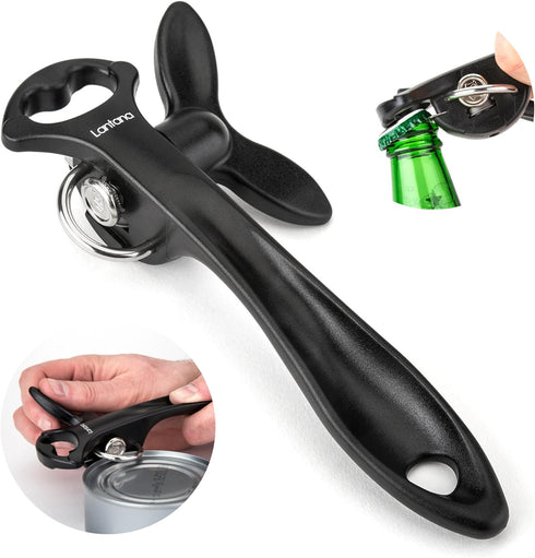 Lantana Smooth Edge Can Opener with Bottle Cap Lifter - Hand Held Manual Safety Tin Opener - Black/Stainless Steel...