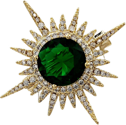Excellent Gold and Emerald Starburst Pin Brooch Planet Sun Burst Jewelry...