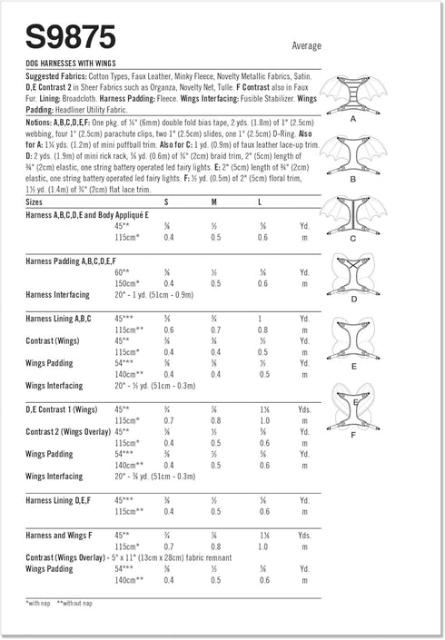 Simplicity Lightly Padded Dog Harness with Wings Sewing Pattern Packet by Carla Reiss, Design Code S9875, Sizes S-M-L, Multicolor...