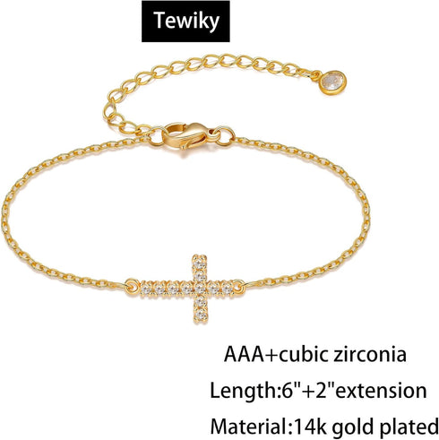 Tewiky Cross Bracelet for Women Dainty 14k Gold Cubic Zirconia Classic Tennis Bracelet Cute Gold Tiny Rope Cuban Figaro Herringbone Chain Link Bra...
