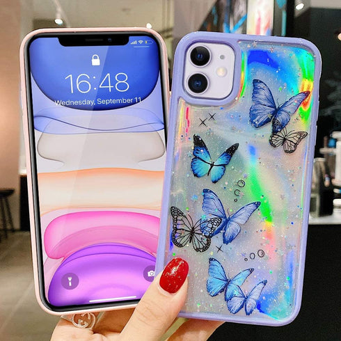 LCHULLE Girly Case for iPhone 11 Case Cute Iridescent Butterfly Design Laser Bling Glitter Stars for Girls Women Soft TPU Bumper Drop Protection C...