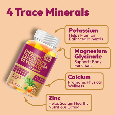 Potassium Magnesium Glycinate Supplement Gummies - High Absorption Potassium Chews - with Calcium Vitamins B6 B12 C D3 K2 Zinc - Vegan Sugar-Free ...