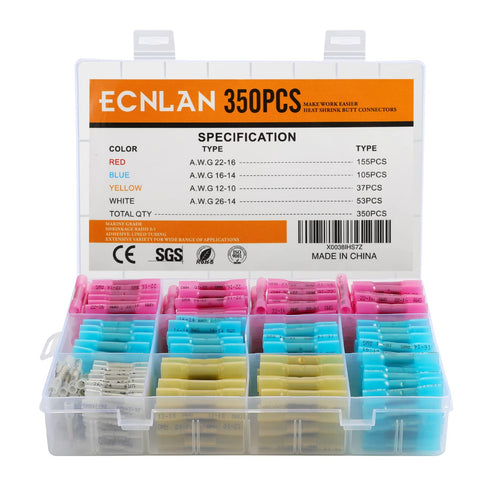 350PCS Heat Shrink Butt Connectors - ECNLAN Insulated & Waterproof Wire Connector Kit for Marine Automotive Motorcycle Electrical...