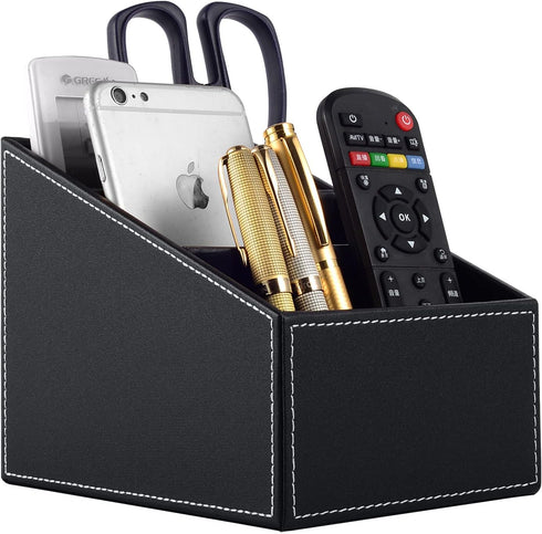 Fashionable PU Leather TV Remote Control Holder with 3 Compartments, Storage Rack, Storage Box, Media Accessory Storage, Desk Organizers (black)...