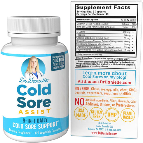 Best Cold Sore Supplement with Lysine and Lemon Balm - Dr. Danielle Cold Sore Assist - 120 Capsules...