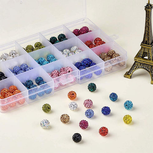 Beadthoven 1Box/150pcs 10mm 15 Colors Pave Czech Crystal Rhinestone Clay Spacer Beads Round Polymer Disco Ball Beads Charms for DIY Bracelet Earri...