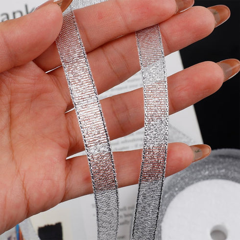Glitter Metallic Silver Ribbon 3/8 Inch 25 Yards Sparkly Fabric Ribbon for DIY Crafts Sewing Gift Wrapping Package Bow Making Floral Christmas Dec...