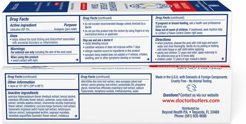 Doctor Butler's Hemorrhoid & Fissure Cream – Instant Pain Relief Hemorrhoid Treatment with Lidocaine, Fast Acting Hemorrhoid Cream for Relief from...