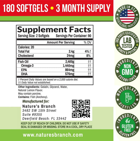 Best Triple Strength Omega 3 Fish Oil Pills - 180 Capsules - 2400mg High Potency Burpless Lemon Flavor 864mg EPA 576mg DHA Ultra Pure Liquid Softg...