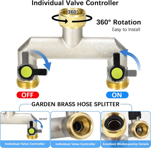 Brass Garden Hose Splitter - Water Hose Splitter 2 Way Heavy Duty, Outdoor Faucet Splitter with Shut Off Valves, Hose Bib Adapter and Spigot Conne...
