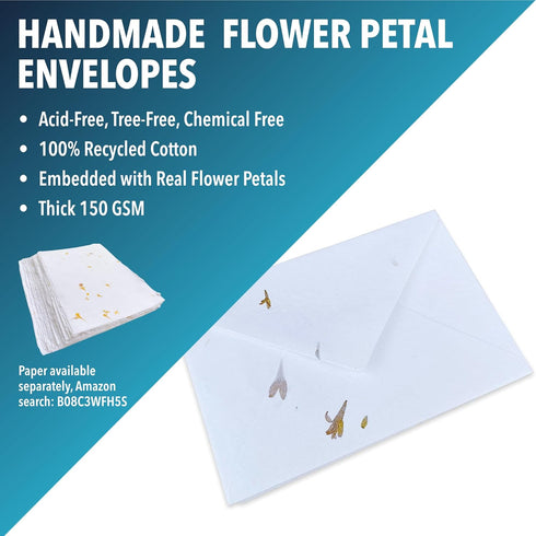 Wanderings Handmade White Envelopes with Real Flower Petals - Package of 25 - for Announcements, Wedding Invitations, Greeting Cards, Crafts - Thi...