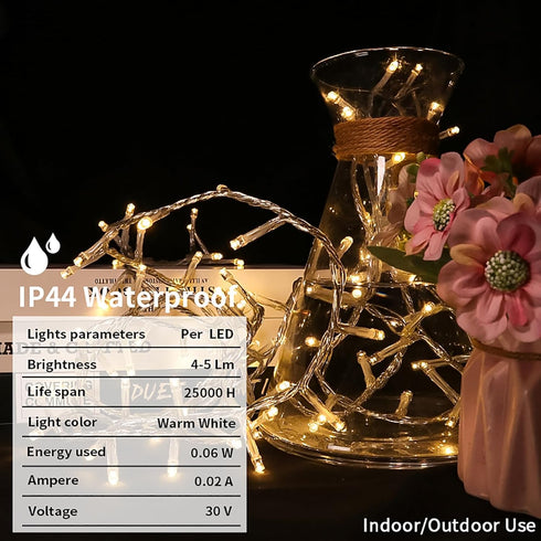 LED Christmas Tree Lights - Mini Warm White String Lights Plug in, 8 Modes Outdoor Christmas Lights for Tree Party Decorations, 100 LED 8 Feet, Cl...