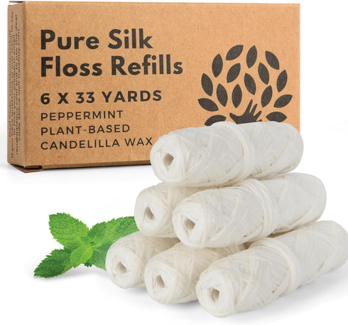 Gaia Guy Silk Dental Floss Refill | Peppermint Natural Silk | 6 spools x 33yds | Compostable, Sustainable & Biodegradable Silk Flossing Thread & E...