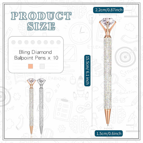 10 Pcs Big Diamond Pens with Crystal Bling Rhinestone Metal Glitter Ballpoint Pens Black Ink Retractable Cute Fancy Wedding bridal shower Gift Off...