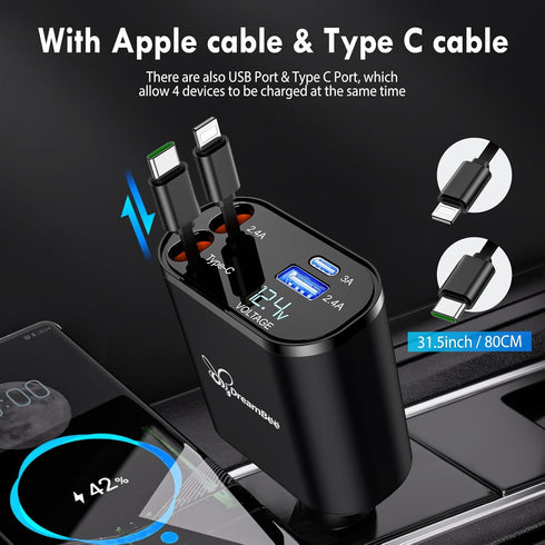 Retractable Car Charger,66W 4 in 1 Super Fast Charge Car Phone Charger,Retractable Cables (31.5 inch) and 2 USB Ports Car Charger Adapter for iPho...