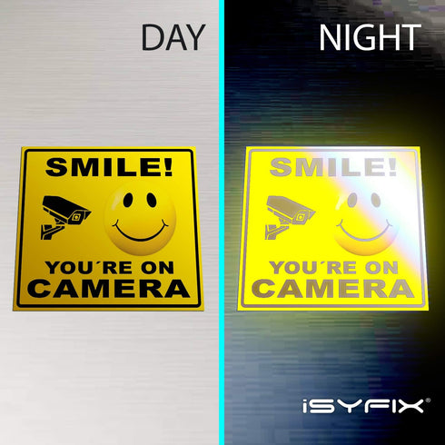 iSYFIX Smile You're On Camera Reflective Stickers for Home - 4 Pack 7x6 Inch - UV, Weather, Scratch, Fade Resistance, Security Camera Sign for Hom...