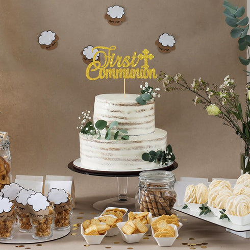 Gold Glitter First Communion Cake Topper - First Communion Cake Decoration for Kids - God Bless Cake Topper...