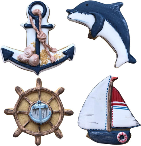 LILIAO Nautical Cookie Cutter Set - 4 Piece - Anchor, Sailboat, Rudder and Dolphin Biscuit Fondant Cutters - Stainless Steel...
