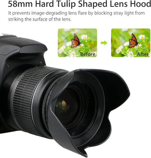 EEEkit 58mm Hard Lens Hood + 58mm Soft Lens Hood + 58mm UV Filter Lens Kit for Canon Rebel T7i T6S T6i T6 T5i T5 T4i T3i T3 T2i T1i XT XTi XSi SL1...