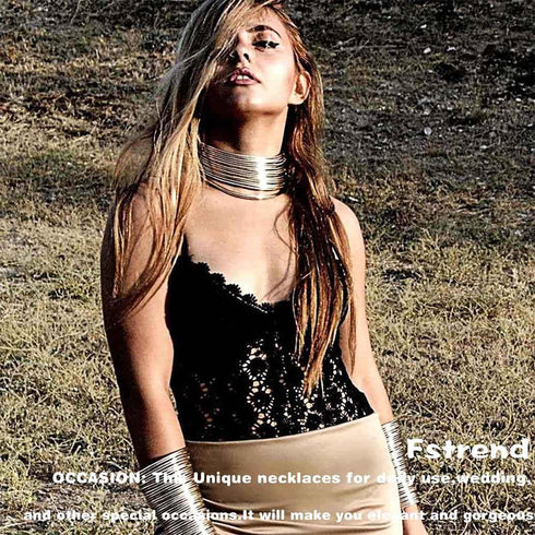 Fstrend Statement Choker Bracelet Earrings Set Gold Plated African Bib Chunky Necklace Costume Party Jewelry Accessories for Women and Girls...