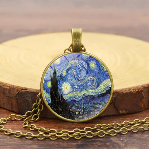 Painting Glass Pendant Necklace Gold Silver Plated Vintage Charm Starry Night Artistic Paint Round Circle Geometric Chain Necklace for Women Men I...
