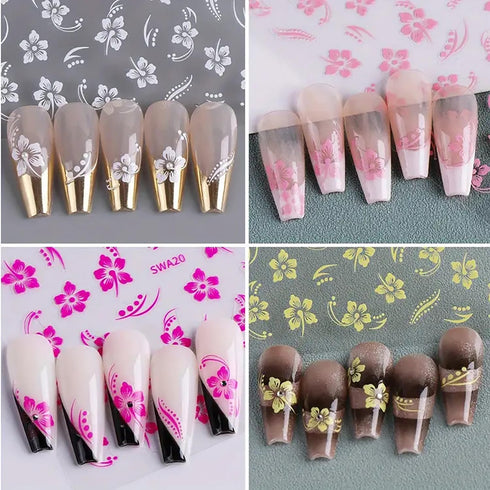 Flower Nail Stickers for Nail Art, 4Pcs Hibiscus Nail Decals White Pink Yellow Flowers Nail Design Stickers 3D Self-Adhesive Nail Art Supplies Sum...
