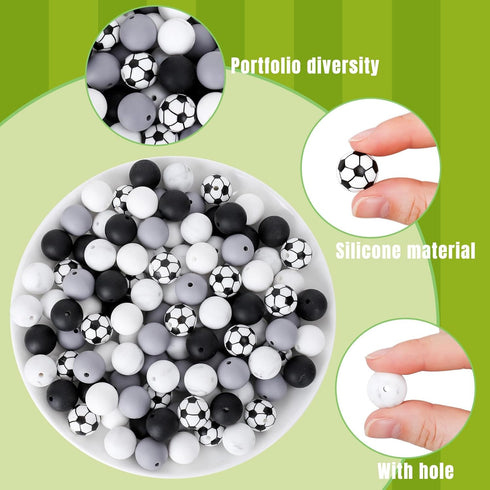 JarThenaAMCS Soccer Silicone Beads for Keychain Making Kit with 114Pcs 15mm Black White Gray DIY Silicone Beads Tassels Key Rings for Home Office ...