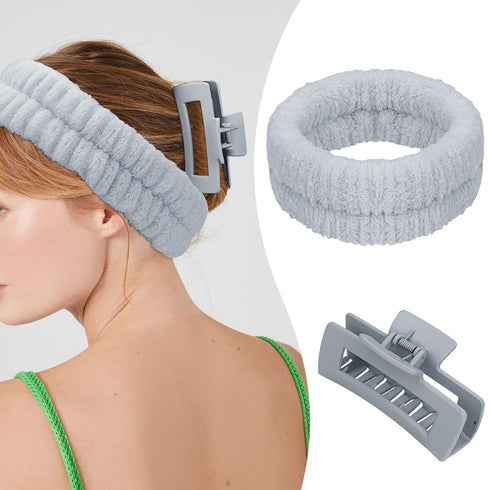 4Pcs Gray Spa Headband and Face Washing Wristbands Set, Skincare Headband Face Wash Headband Makeup Headband, Hair Claw Clip Skin Care Headband fo...