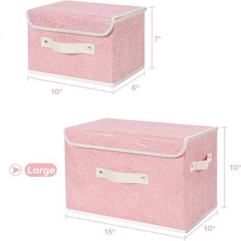 ANMINY Fabric Storage Bin with Lid Rose Print Storage Box Basket with PU Leather Handles Washable PP Plastic Board Decorative Foldable Lidded Shel...