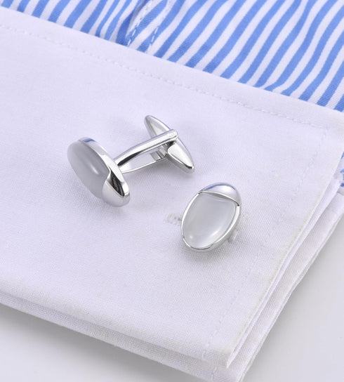 Silver Tone Cat Eye Stone Men's Cufflinks In Gift Case Oval Opal Stone Cufflinks for Men for Wedding Party Business Birthday Anniversary Dress...