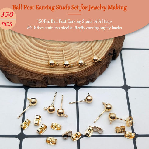 150Pcs Ball Post Earring Studs for Jewelry Making,Earring Studs Ball Post Earrings with Loop with 200Pcs Butterfly Earrings Back Replacements for ...