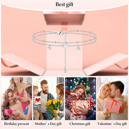 Anklet Bracelets for Women, Layered Heart Ankle Bracelet Silver Plated Cubic Zirconia & Heart Charm Anklets for Women, Summer Foot Jewelry Anklets...