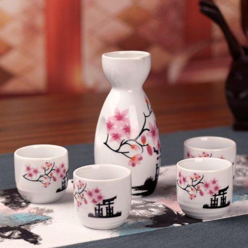 Tosnail 5 Pieces Ceramic Japanese Sake Set, 1 Serving Carafe and 4 Cups - Pink Sakura...