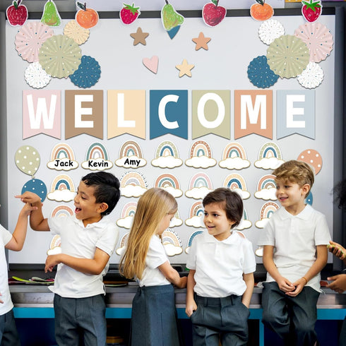 67 Pieces Simply Boho Welcome Classroom Bulletin Board Set Rainbow Bulletin Board Classroom Decoration Balloon Paper Fans Cutouts for Primary Scho...
